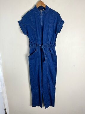 LE LIS Cap Sleeve Straight Leg Jean Jumpsuit Size Medium Belted 100% Cotton